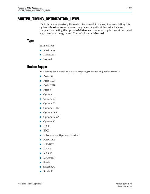 Quartus II Settings File Reference Manual - Altera