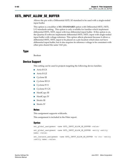 Quartus II Settings File Reference Manual - Altera