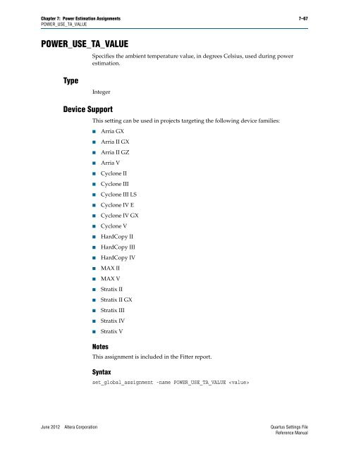 Quartus II Settings File Reference Manual - Altera