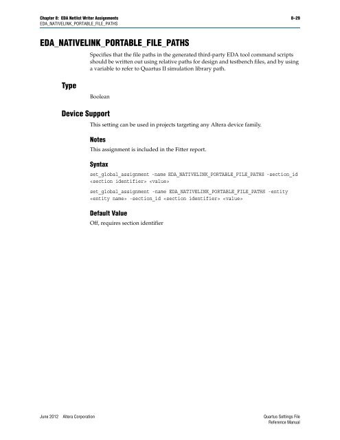 Quartus II Settings File Reference Manual - Altera