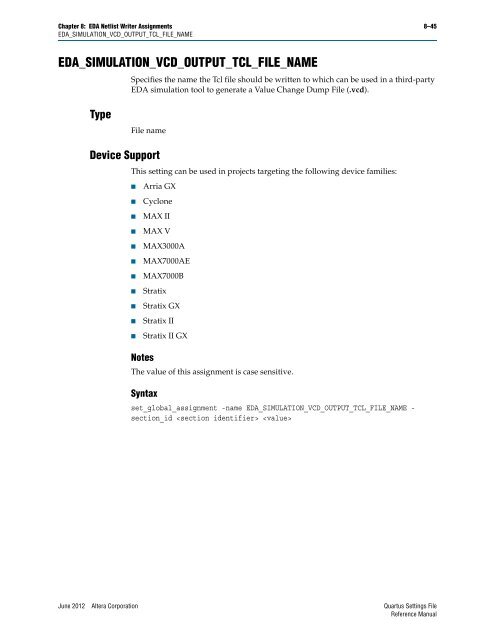 Quartus II Settings File Reference Manual - Altera