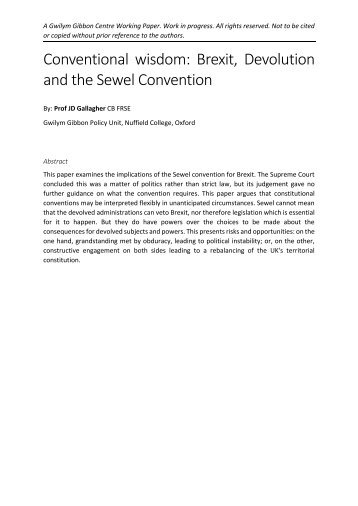 Conventional wisdom Brexit Devolution and the Sewel Convention