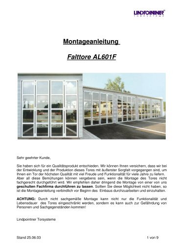 Montageanleitung Falttore AL601F - Lindpointner Torsysteme GmbH