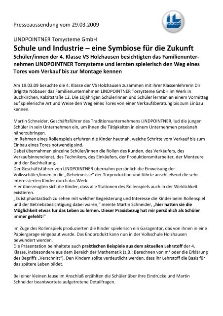 Schule und Industrie - Lindpointner Torsysteme GmbH