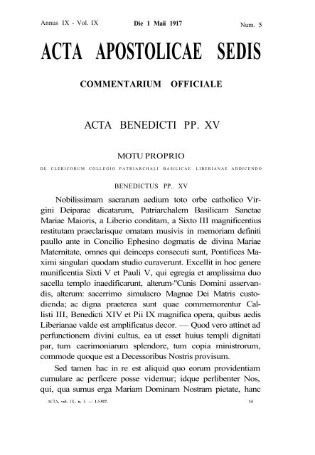 ACTA APOSTOLICAE SEDIS COMMENTARIUM ... - La Santa Sede