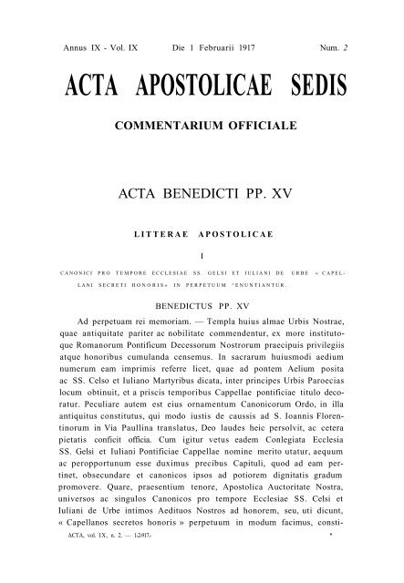 ACTA APOSTOLICAE SEDIS COMMENTARIUM ... - La Santa Sede