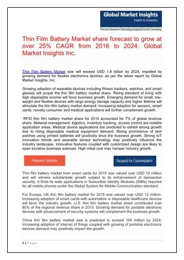 Thin Film Battery Market demand from backup power to grow at over 20% CAGR from 2016 to 2024