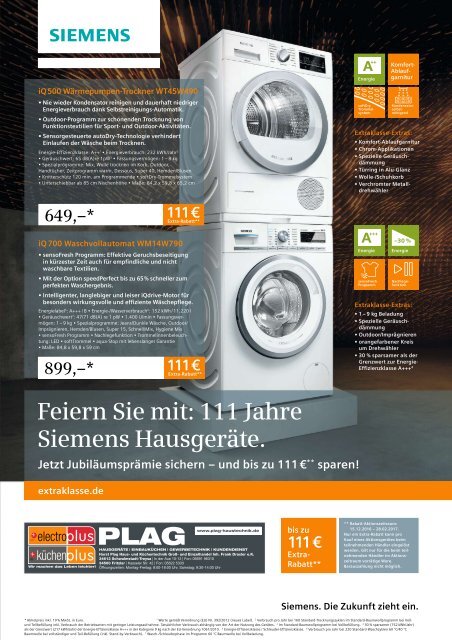 electroplus PLAG - Feiern Sie mit: 111 Jahre Siemens Hausgeräte. Jetzt Jubiläumsprämie sichern – und bis zu 111 €** sparen!