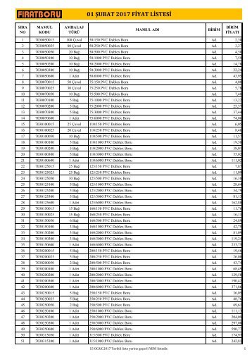 01 ŞUBAT 2017 Fiyat Listesi