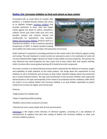 Rodine 31A Corrosion Inhibitor to limit acid attack on base metals - ChemEqual