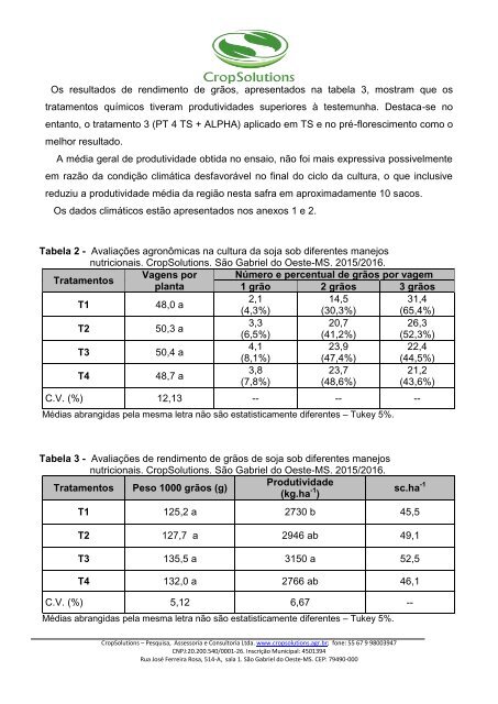 AVALIAÇÃO DE PT 4 TS NA CULTURA DA SOJA. CROP SOLUTIONS