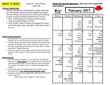 February 2016 Calendar and Curriculum