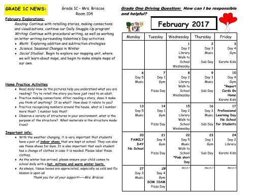 February 2016 Calendar and Curriculum