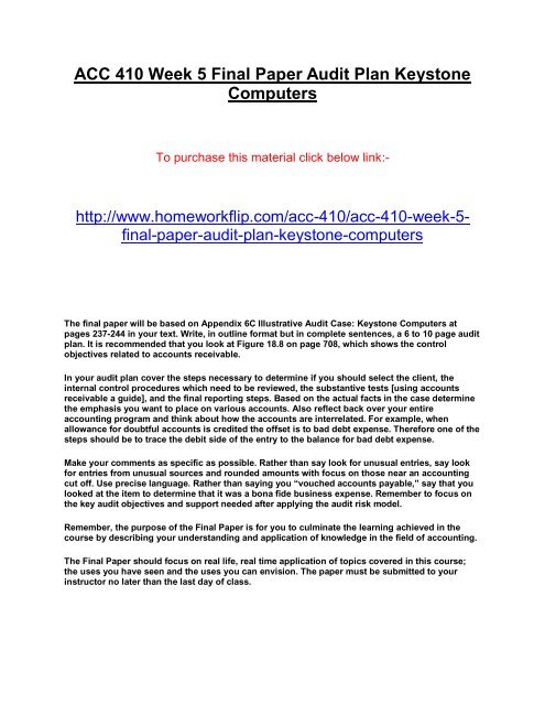 ACC 410 Week 5 Final Paper Audit Plan Keystone Computers