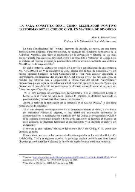 Brewer. La Sala Constitucional como Legislador Positivo reformando el art. 185-A del Código Civil. mayo 2014.d) (1)