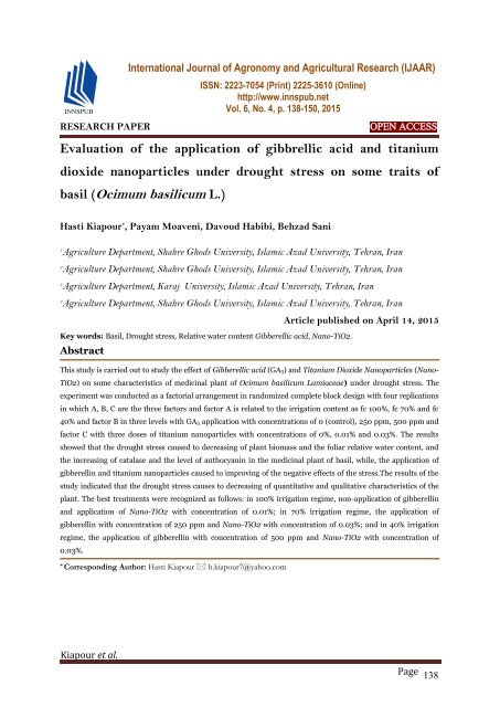 Evaluation of the application of gibbrellic acid and titanium dioxide nanoparticles under drought stress on some traits of basil (Ocimum basilicum L.)