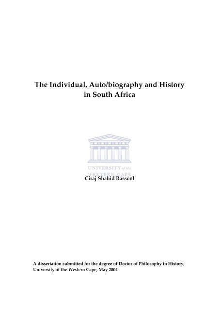 The Individual, Auto/biography and History in South Africa