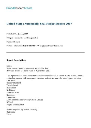 United States Automobile Seal Market Report 2017 