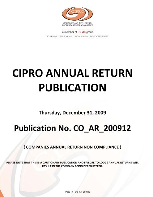 CIPRO ANNUAL RETURN PUBLICATION Thursday, December 31 ...