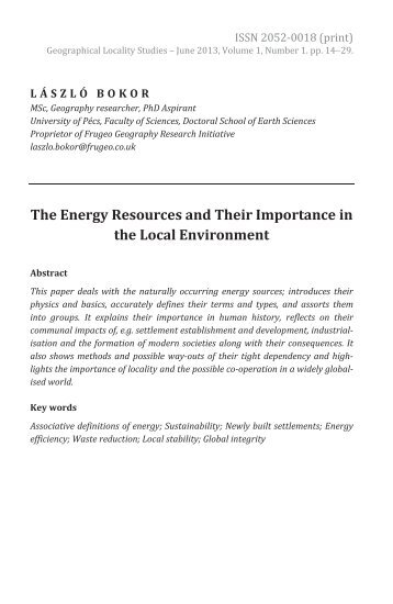 László Bokor: The Energy Resources and Their Importance in the Local Environment