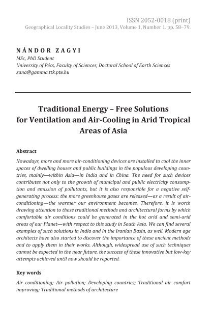 Nándor Zagyi: Traditional Energy – Free Solutions for Ventilation and Air-Cooling in Arid Tropical Areas of Asia