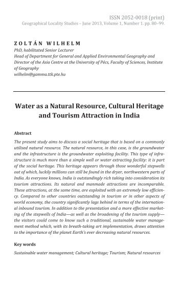 Zoltán Wilhelm: Water as a Natural Resource, Cultural Heritage and Tourism Attraction in India