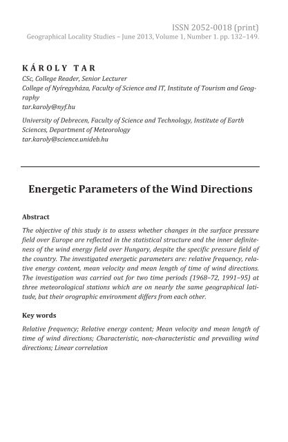 Károly Tar: Energetic Parameters of the Wind Directions