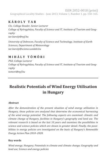 Károly Tar & Mihály Tömöri: Realistic Potentials of Wind Energy Utilisation in Hungary