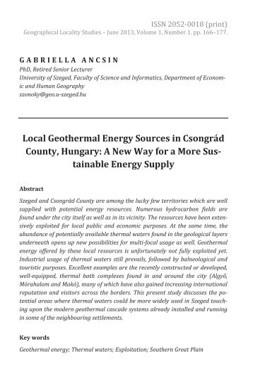 Gabriella Ancsin: Local Geothermal Energy Sources in Csongrád County, Hungary: A New Way for a More Sustainable Energy Supply