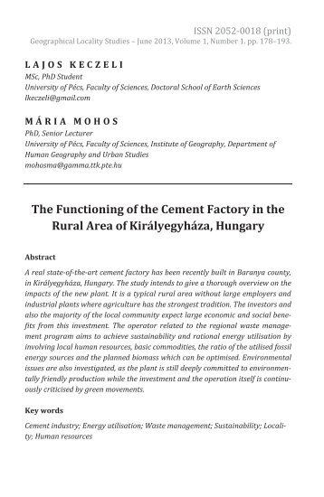 Lajos Keczeli & Mária Mohos: The Functioning of the Cement Factory in Királyegyháza in a Rural Area