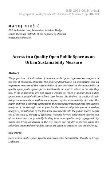 Matej Nikšič: Access to a Quality Open Public Space as an Urban Sustainabil­ity Measure