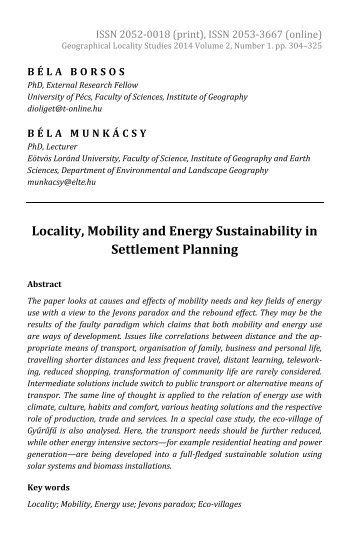 Béla Borsos & Béla Munkácsy: Locality, Mobility and Energy Sustainability in Settlement Planning