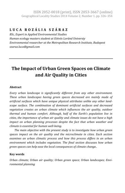 Luca Rozália Száraz: The Impact of Urban Green Spaces on Climate and Air Quality in Cities