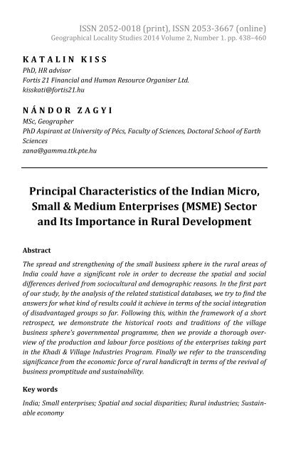 Katalin Kiss & Nándor Zagyi: Principal Characteristics of the Indian Micro, Small and Me­dium Enterprises (MSME) Sector and its Importance in Rural Development