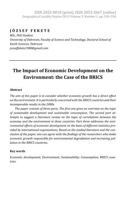 József Fekete: The Impact of Economic Development on the Environment: the Case of the BRICS