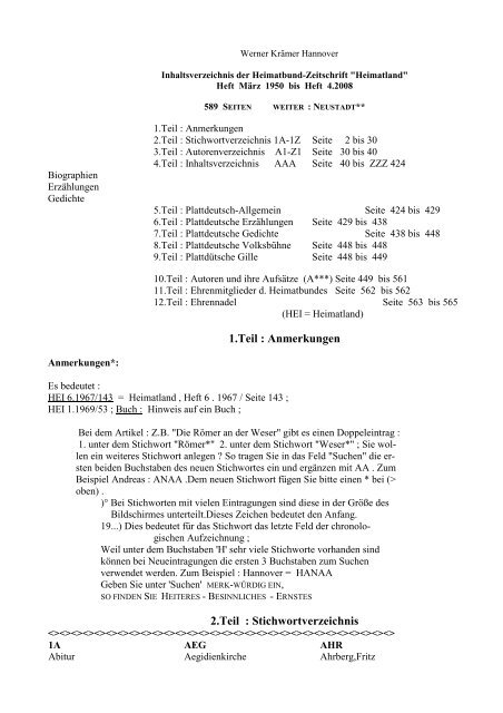 Inhaltsverzeichnis der Heimatbund-Zeitschrift Heimatland Heft