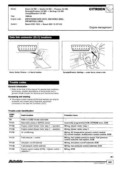 Autodata - Diagnostic Trouble Codes Fault locations and probable causes - 2004 edition