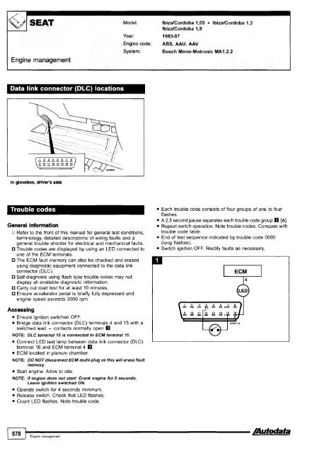 Autodata - Diagnostic Trouble Codes Fault locations and probable causes - 2004 edition