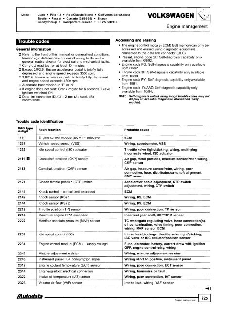 Autodata - Diagnostic Trouble Codes Fault locations and probable causes - 2004 edition