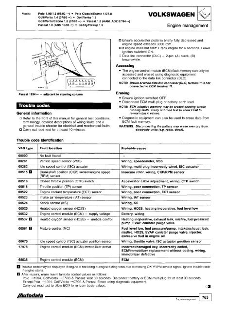 Autodata - Diagnostic Trouble Codes Fault locations and probable causes - 2004 edition