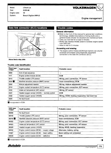 Autodata - Diagnostic Trouble Codes Fault locations and probable causes - 2004 edition