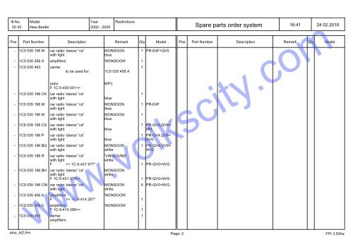 VW Beetle Parts List 2001-2005 - Volks City