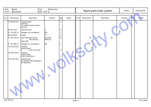 VW Beetle Parts List 2001-2005 - Volks City