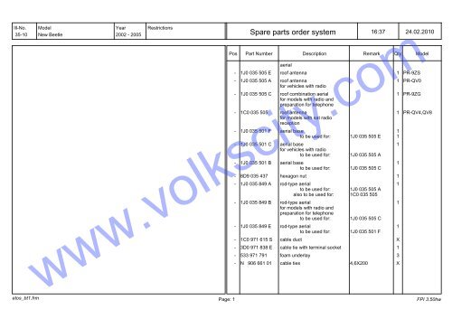 VW Beetle Parts List 2001-2005 - Volks City