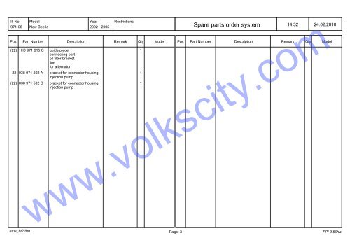 VW Beetle Parts List 2001-2005 - Volks City