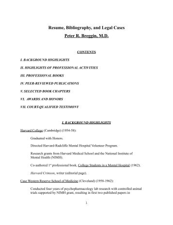 Resume Bibliography and Legal Cases Peter R Breggin M.D