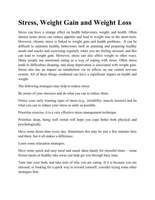 Stress, Weight Gain and Weight Loss