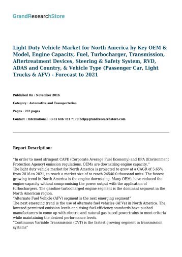 Light Duty Vehicle Market for North America by Key OEM & Model, Engine Capacity, Fuel, Turbocharger, Transmission - Forecast to 2021