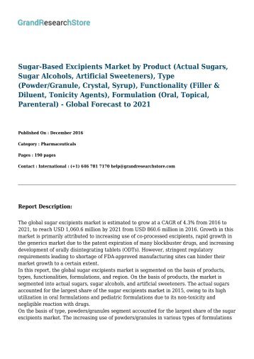 Sugar-Based Excipients Market - Global Forecast to 2021 