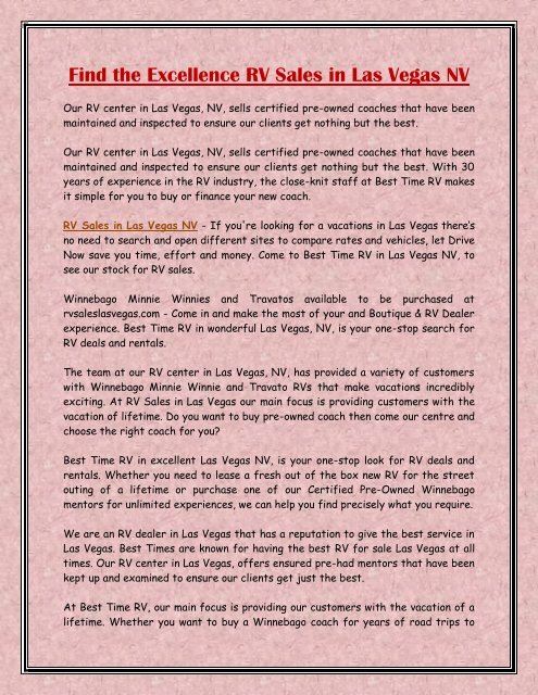 Find The Excellence Rv Sales In Las Vegas Nv